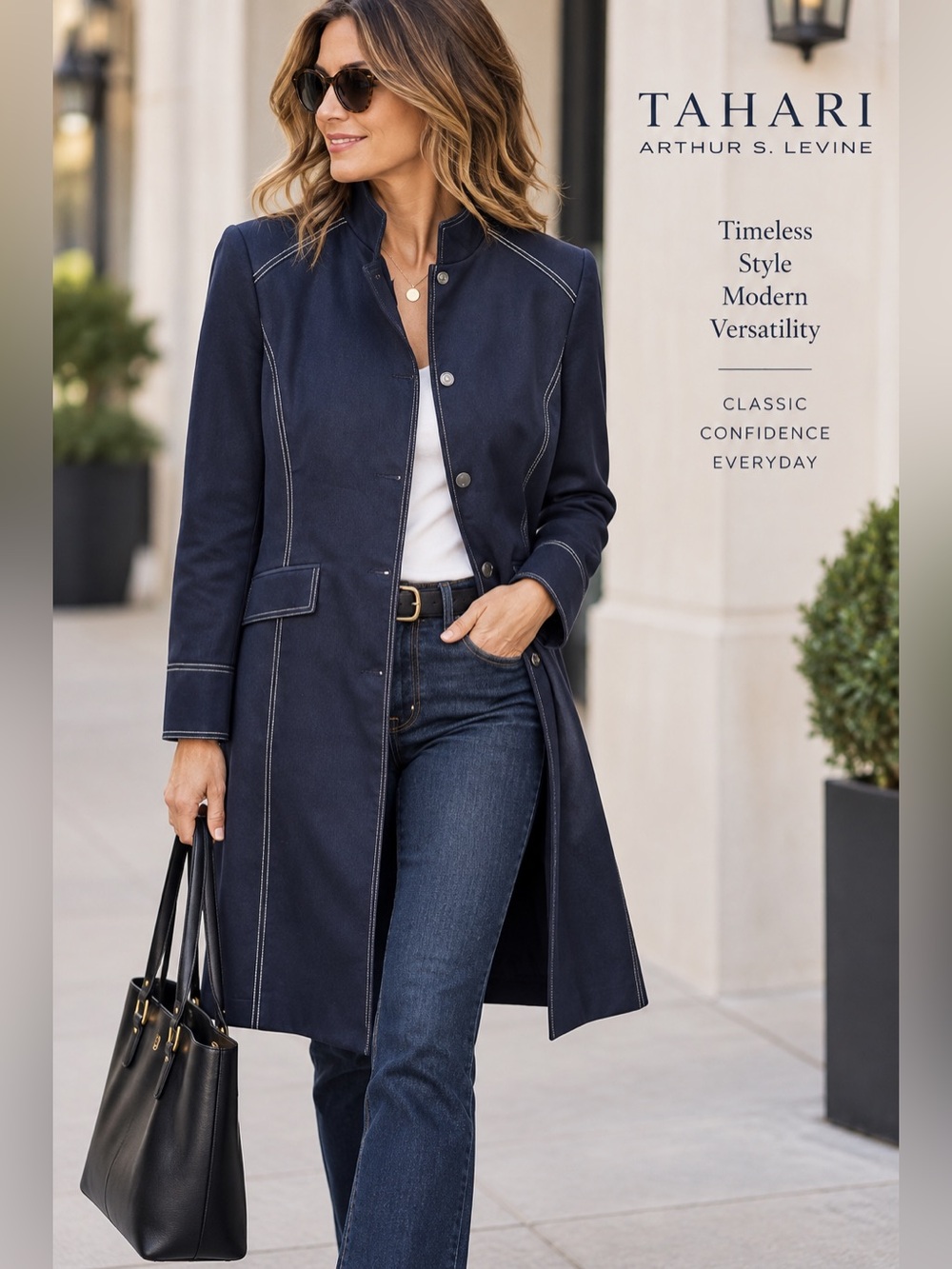Tahari Arthur S. Levine Navy Blue Longline Jacket Coat Size 8